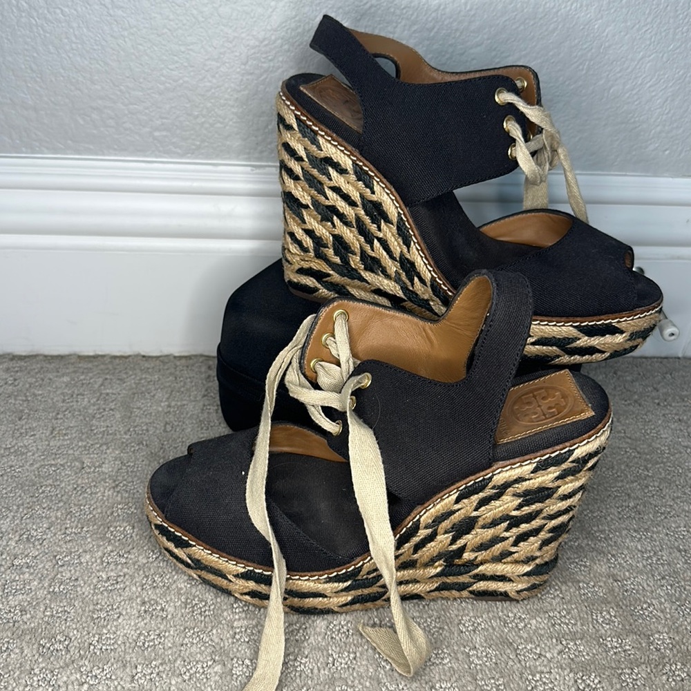 Tory Burch Lace Up Wedge Espadrilles Sandals